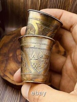 Rare Pair of Antique Imperial Russian 84 Silver Shot Glasses Etched 51gr #5622