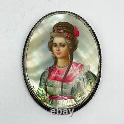 Russian Imperial 84 Silver Brooch Painted Woman Portrait on Mother Pearl 1899y