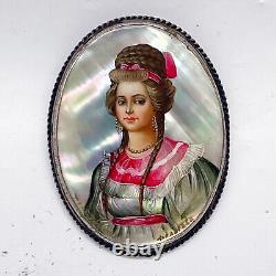 Russian Imperial 84 Silver Brooch Painted Woman Portrait on Mother Pearl 1899y