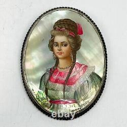 Russian Imperial 84 Silver Brooch Painted Woman Portrait on Mother Pearl 1899y