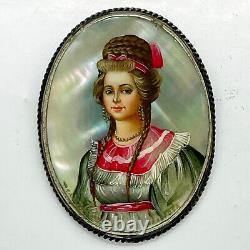 Russian Imperial 84 Silver Brooch Painted Woman Portrait on Mother Pearl 1899y