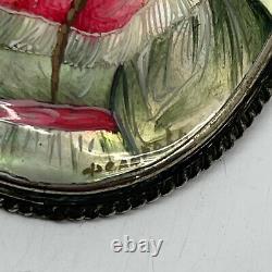 Russian Imperial 84 Silver Brooch Painted Woman Portrait on Mother Pearl 1899y