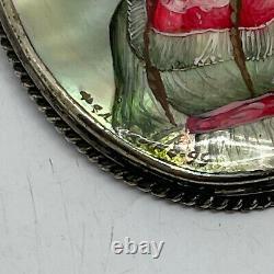 Russian Imperial 84 Silver Brooch Painted Woman Portrait on Mother Pearl 1899y