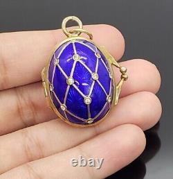 Russian Imperial Fabergé 88 Silver Blue Guilloche Enamel Locket Egg Pendant