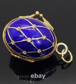 Russian Imperial Fabergé 88 Silver Blue Guilloche Enamel Locket Egg Pendant