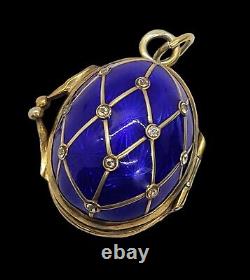 Russian Imperial Fabergé 88 Silver Blue Guilloche Enamel Locket Egg Pendant