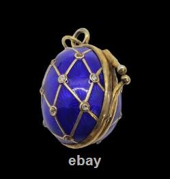 Russian Imperial Fabergé 88 Silver Blue Guilloche Enamel Locket Egg Pendant