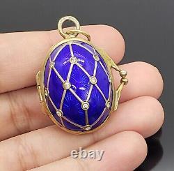 Russian Imperial Fabergé 88 Silver Blue Guilloche Enamel Locket Egg Pendant