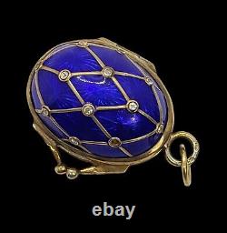 Russian Imperial Fabergé 88 Silver Blue Guilloche Enamel Locket Egg Pendant