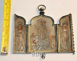 Russian Imperial Triptych Panagia Travel 84 Silver Icon Mather Kazan Jesus Cross