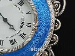 Russian Solid Sterling Silver Guilloche Enamel Desk Alarm Clock Watch Timepiece