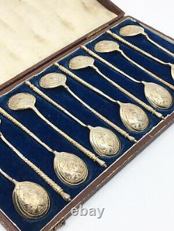 SET of 12 Antique 19th Century Russian Imperial 84 Mark Silver Spoons with CASE