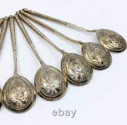 SET of 12 Antique 19th Century Russian Imperial 84 Mark Silver Spoons with CASE