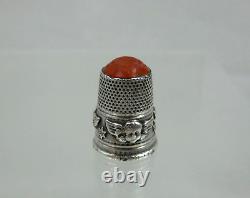 SUPERB ANTIQUE IMPERIAL RUSSIAN 84 SILVER THIMBLE ANGEL MOTIF / AGAT STONE 19c