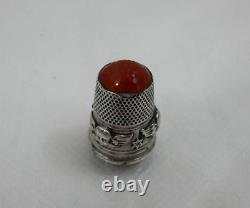 SUPERB ANTIQUE IMPERIAL RUSSIAN 84 SILVER THIMBLE ANGEL MOTIF / AGAT STONE 19c