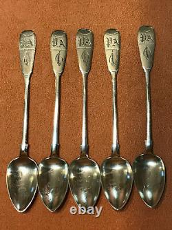 Set 5 Monogram Luck Spoons Original Russian Imperial Silver 84 Antique Russia