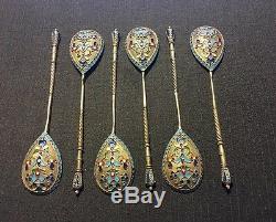 Set Of 6 Russian Imperial Silver 84 Enamel Spoons Hallmarked 107 Grams