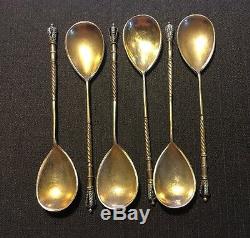 Set Of 6 Russian Imperial Silver 84 Enamel Spoons Hallmarked 107 Grams