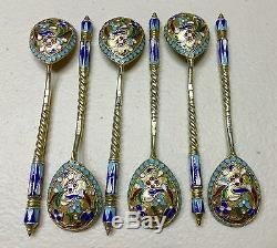 Set Of 6 Russian Imperial Silver 84 Enamel Spoons Hallmarked AK Total Weight131g