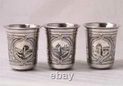 Set of 3 Antique Russian Imperial Silver 84 Niello Beakers by 3.3 Moscow 1877