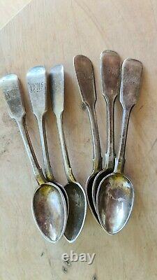 Set of 6 Spoons Antique Imperial Russian Gilt Sterling Silver 84 Engraved Merked
