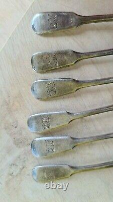 Set of 6 Spoons Antique Imperial Russian Gilt Sterling Silver 84 Engraved Merked