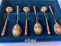 Six Antique 19thC Russian Imperial 84 Silver Enamel Spoons