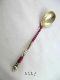 Troika Old Pictorial Russian Imperial Silver 84 Lacquer Red Enamel Spoon Antique