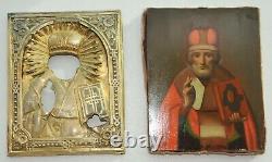 1880. Royaume De Russie Imperial 84 Silver Gold Oklad Icon Bishop Nichlas Painting