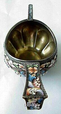 18c. Antique De Russie Royal Imperial 88 Argent Emaille Kovsh Bol Seau Spoon