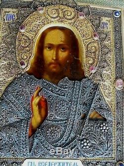 1900 Rare Impériale Russe Icône Jésus-christ Dieu 84 Argent Filigrane Oklad Or