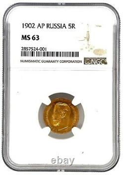 1902 Mme-63 Gold Coin 5 Roubles Graded Ngc Roubles Russie Impériale Antique Coin