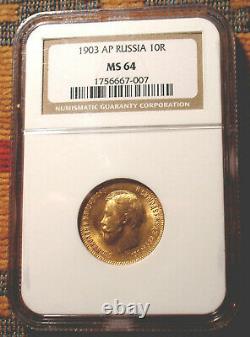 1903 Ngc Ms64 10 Roubles Russian Tzar Antique Gold Coin Imperial Antique Russie