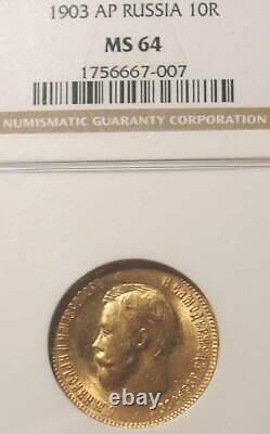 1903 Ngc Ms64 10 Roubles Russian Tzar Antique Gold Coin Imperial Antique Russie