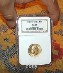 1903 Ngc Ms64 10 Roubles Russian Tzar Antique Gold Coin Imperial Antique Russie