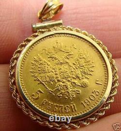 1903 Pièce D'or Russe Impérial 5 Pendentif Ruble Lunette Antique Bijoux + Boîte Cadeau