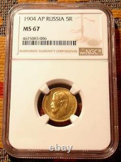 1904 Ngc Ms67 5 Roubles Russian Tzar Antique Gold Coin Impérial Antique Russie