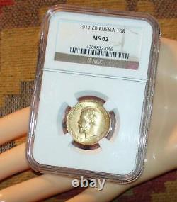 1911 Ngc Ms62 10 Roubles Russian Tzar Antique Gold Coin Impérial Antique Russie