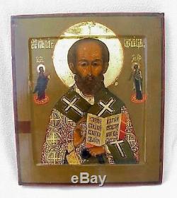 19c. Imperial De Russie Or Icon Bishop Orthodoxe Nicolas Myra Bois D'oeuf Tempéra
