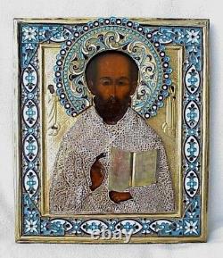 19c. Russian Imperial Gold Icon Orthodox Nicolas Enamel Filigre Oklad Oil Paint