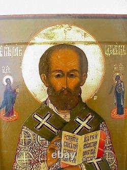19c. Russian Imperial Gold Icon Orthodox Nicolas Enamel Filigre Oklad Oil Paint