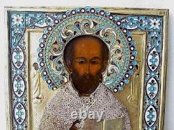 19c Russian Imperial Gold Orthodox Icon St. Nicolas Enamel Filigree Oklad Royal