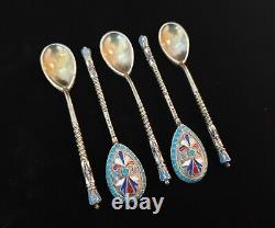5 Rare Antique Impériale Russe Cloisonne Hot Enamel Silver Twist Tea Spoon Set