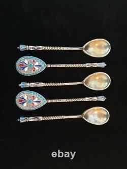 5 Rare Antique Impériale Russe Cloisonne Hot Enamel Silver Twist Tea Spoon Set