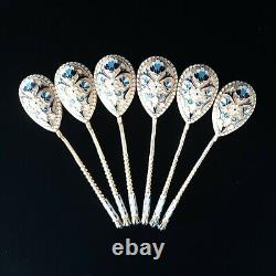 6 Rare Antique Impériale Russe Cloisonne Fire Enamel Silver Gold Wash Spoon Set