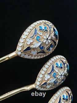 6 Rare Antique Impériale Russe Cloisonne Fire Enamel Silver Gold Wash Spoon Set
