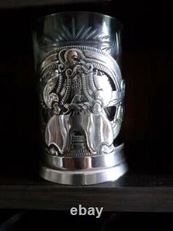 Ancien porte-tasse à thé en verre gravé de l'Empire soviétique, plaqué argent, hommes cosaques