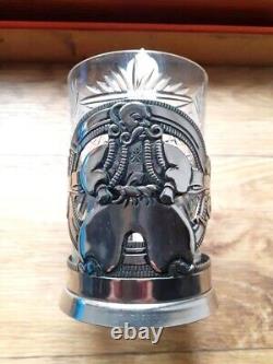 Ancien porte-tasse à thé en verre gravé de l'Empire soviétique, plaqué argent, hommes cosaques