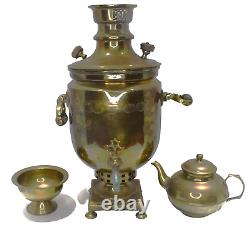 Ancien samovar en laiton impérial russe du 19ème siècle avec de multiples gravures