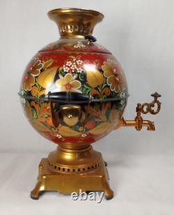 Ancien samovar rond impérial russe peint à la main, testé pour le thé/café